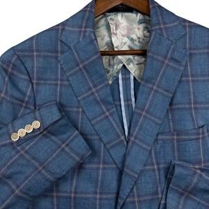 Tallia Blue Windowpane 100% Linen Blazer 42R Floral Lining Plaid Sport Coat Mens